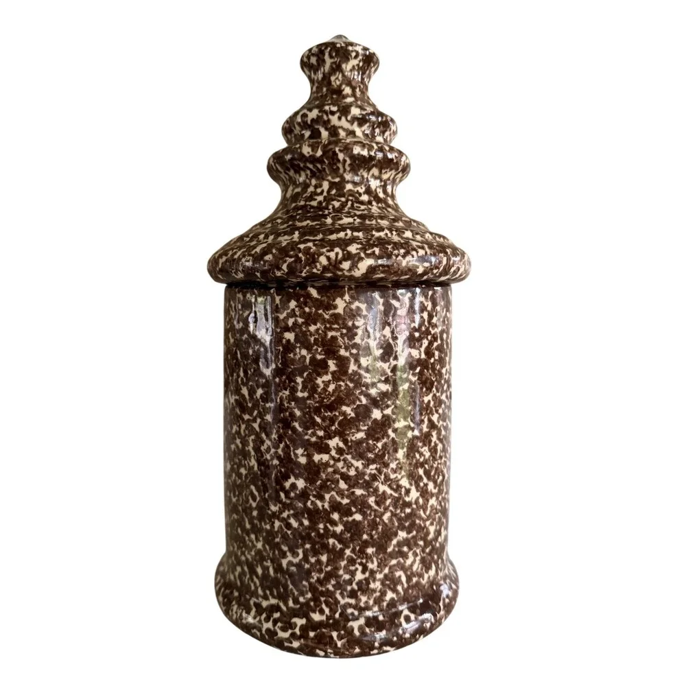Vintage Brown Spatterware Ceramic Canister with Tiered Finial Lid Farmhouse